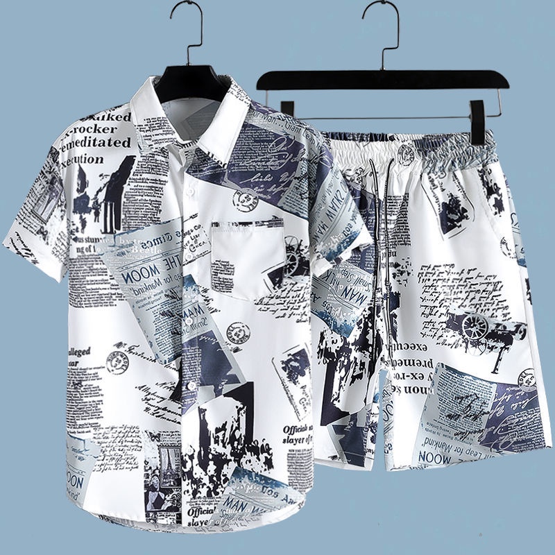 Men's Newspaper Printed 2-piec - Beach Shirt Hawaiian review and price