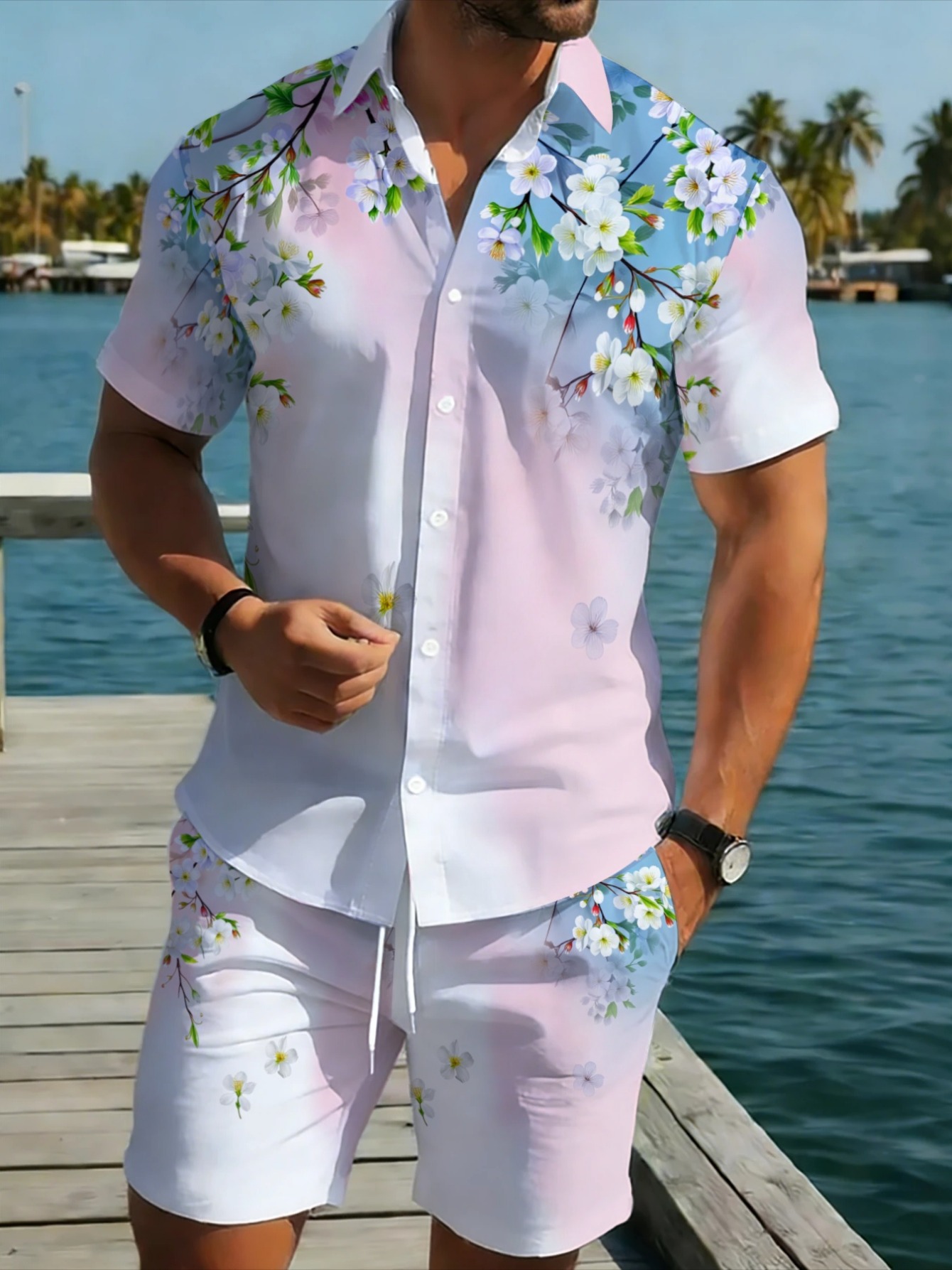 Men's Hawaiian 2-Piece Set Gra - Beach Shirt Hawaiian review and price